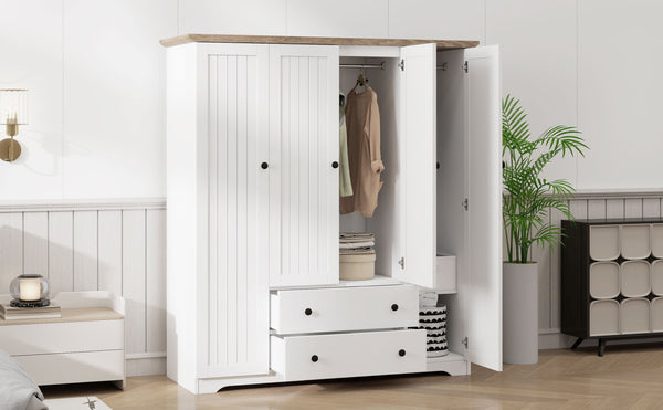 English Elm 4 Door Wardrobe Armoire Closet with 2 Drawers Rustic Pine & MDF Storage Cabinet with Shelves and Hanging Space White N7090001842K