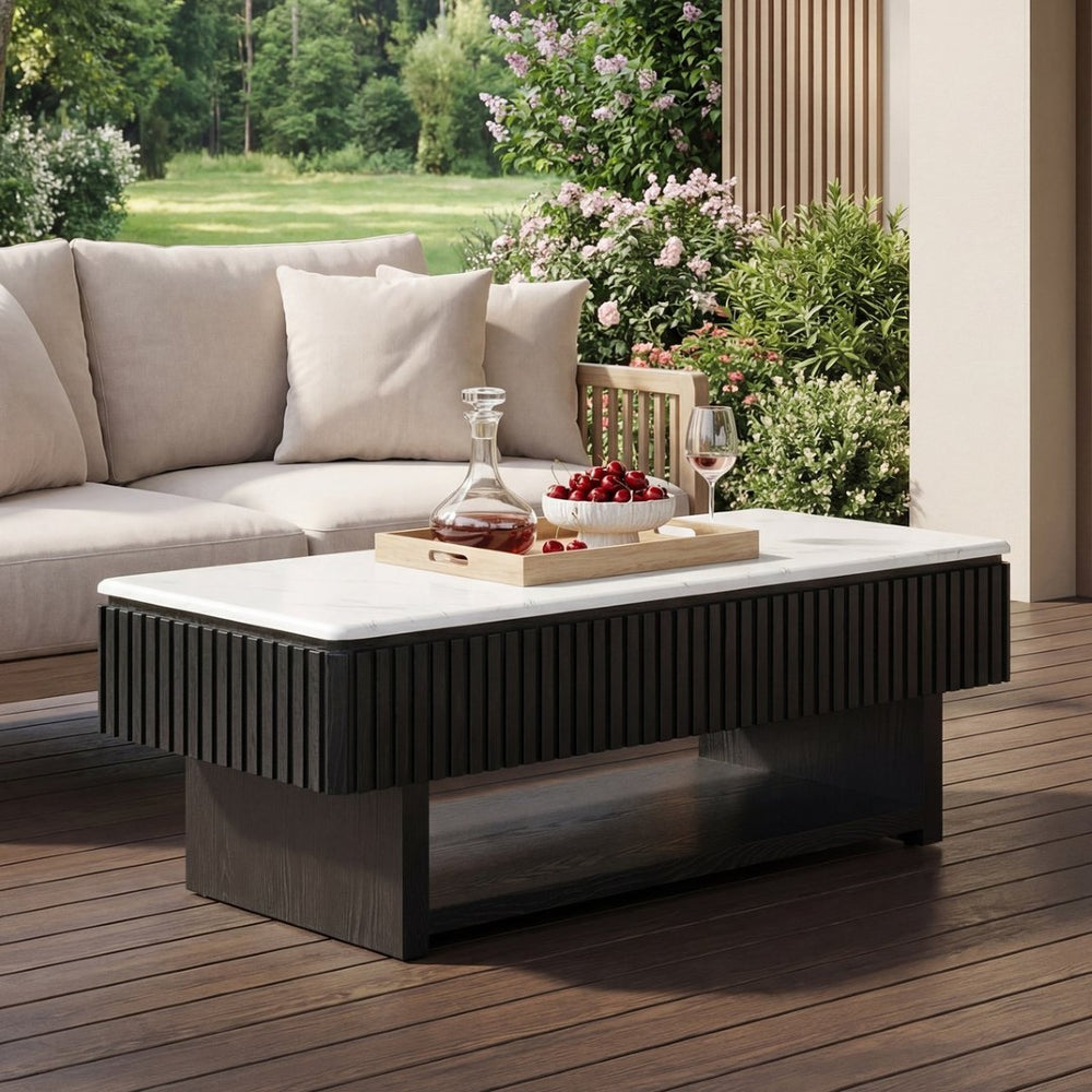 English Elm 46.5" Lift Top Coffee Table Fluted Frame Marble Pattern Hidden Storage Modern Living W5278P458348