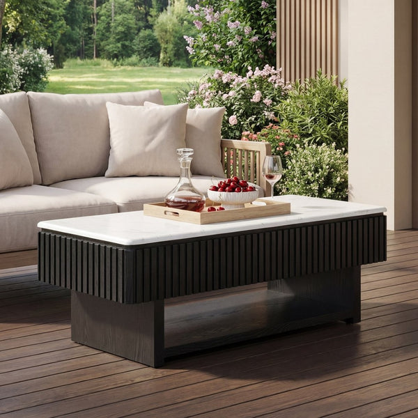 English Elm 46.5" Lift Top Coffee Table Fluted Frame Marble Pattern Hidden Storage Modern Living W5278P458348