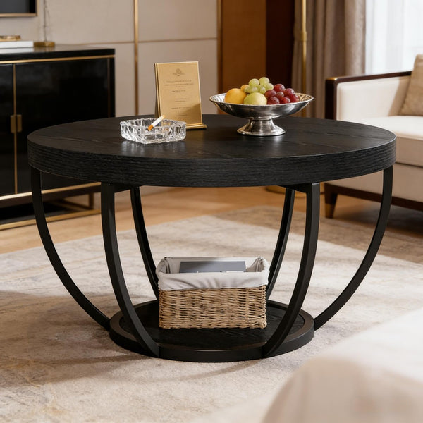 English Elm 2-tier Round Coffee Table Engineered Wood Top Arc Steel Legs Living Room Accent T3971P452225