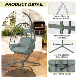 English Elm Egg Hanging Chair with Stand Pe Rattan Swing Seat Washable Cushion 350lb Capacity T5880P497439