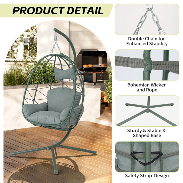 English Elm Egg Hanging Chair with Stand Pe Rattan Swing Seat Washable Cushion 350lb Capacity T5880P497439
