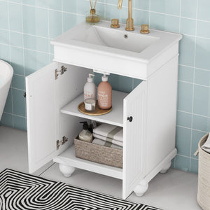 English Elm 24" White Modern Sleek Bathroom Vanity Elegant Ceramic Sink With Solid Wood Frame, Adjustable Shelf