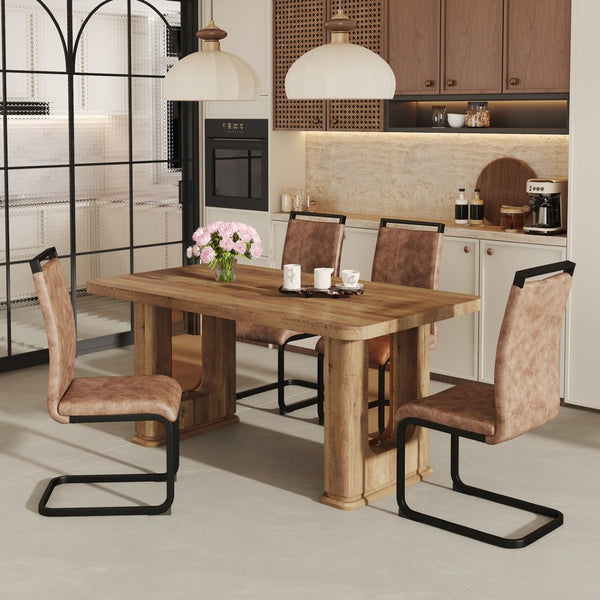 English Elm Table 5-Piece Dining Set - Modern Wood Textured Table With 4 Brown Tech Fabric Chairs & Black Legs W1151S03584-GIGA