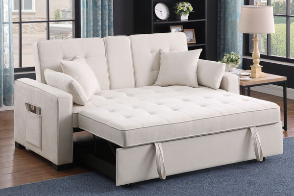 English Elm Corrado Woven Fabric Sleeper Loveseat with Console Cup Holders and Charging Ports Beige B2749S00242