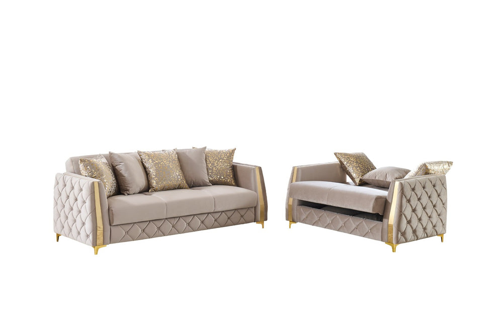English Elm Lippa 2 Piece Quilted Polyester Sofa Set with Gold Steel Legs for Modern Living Taupe B009S02239