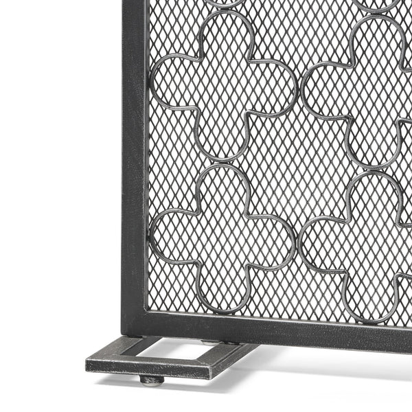 English Elm Christopher Knight Home® - FIRE Modern Single Panel Iron Fireplace Screen Black Brushed Silver – Clover Trellis Mesh Guard, 43x32 65180.00BBSILV