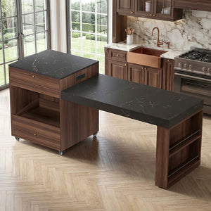 English Elm 78.8'' Fluted Rolling Kitchen Island with Extendable Dining Surface Built-in Power Mdf Walnut B2764S00002