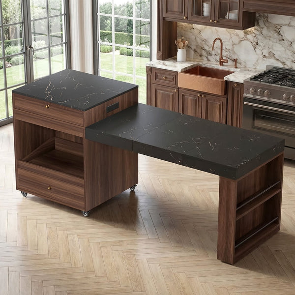 English Elm 78.8'' Fluted Rolling Kitchen Island with Extendable Dining Surface Built-in Power Mdf Walnut B2764S00002