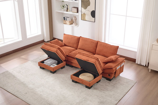 English Elm Sectional Cloud Sofa Modular Deep Seat Corduroy Upholstered Living Room Couch with Storage Orange W395S00132