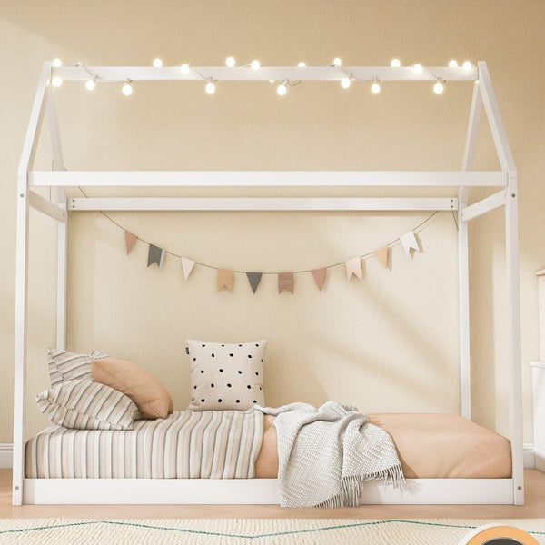 English Elm Twin House Bed Pine Wood Frame with Peaked Roofline Low Profile Kids Bedroom WF197557AAK