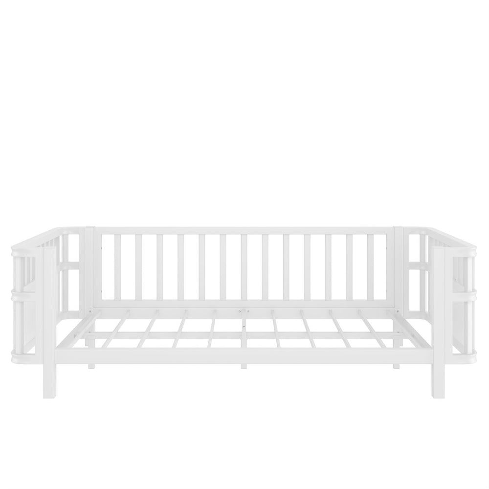 English Elm Twin Pine House Frame Floor Bed with Peaked Roof and Fence Guardrails for Kids White W1858P389993