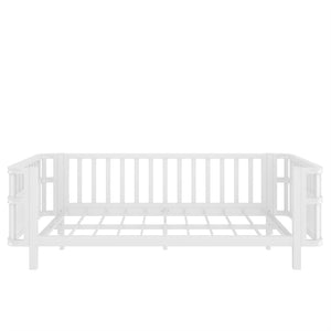 English Elm Twin Pine House Frame Floor Bed with Peaked Roof and Fence Guardrails for Kids White W1858P389993