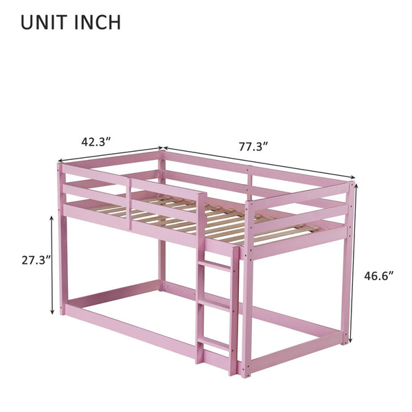 English Elm Solid Rubberwood Twin Over Twin Floor Bunk Bed - Sturdy, Stylish Pink Design With Ladder & Slats W504P191672-GIGA