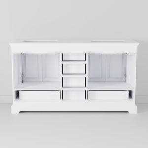 English Elm White Double Bath Vanity 60 in with Carrara Marble Top, 6 Drawers, Soft Close, 58 in Mirror Included B2731S00655
