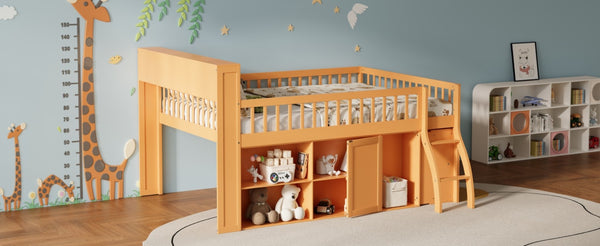English Elm Queen Loft Bed with Open Shelving Built-in Led Light White Wood Frame N7090005025N