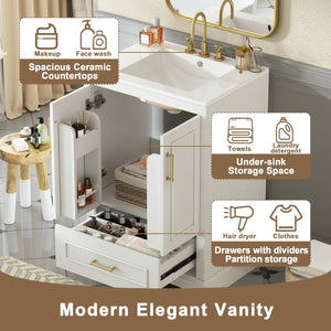 English Elm 24"Bathroom Modern Vanity with Ceramic Sink, Solid Wood Frame, Soft-Close Doors & Smart Storage System White N729P321378K