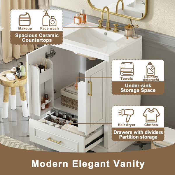 English Elm 24"Bathroom Modern Vanity with Ceramic Sink, Solid Wood Frame, Soft-Close Doors & Smart Storage System White N729P321378K