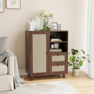 English Elm Rattan Cane Front Sideboard with Drawers Adjustable Shelf Bohemian Storage Cabinet Walnut T3623P434733