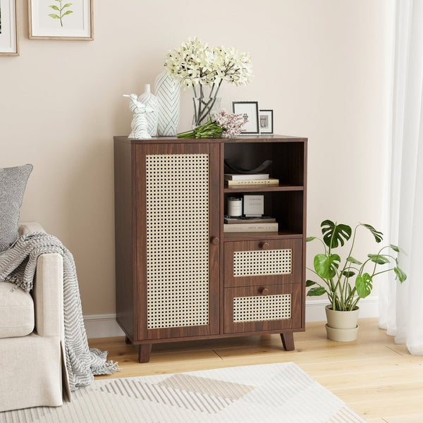English Elm Rattan Cane Front Sideboard with Drawers Adjustable Shelf Bohemian Storage Cabinet Walnut T3623P434733