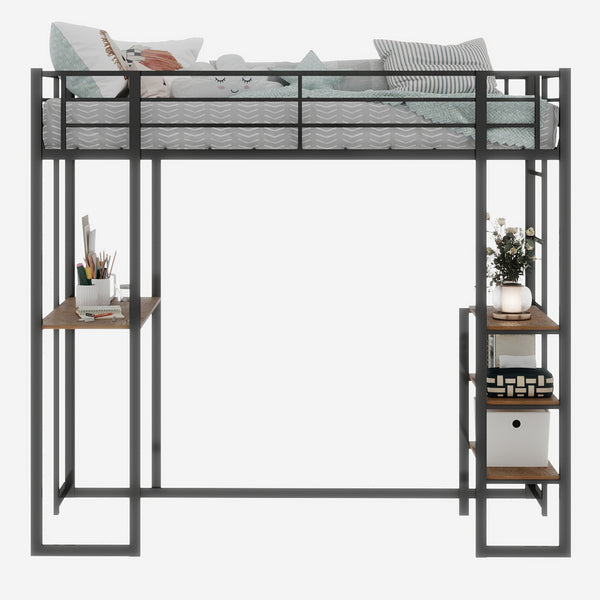 English Elm Iron framed bunk bed with L-shaped study desk and dual-side stairs, space-saving durable design Black W1935P330795