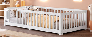 English Elm Twin Twin Size Floor Bed with Safety Guardrails and Playful Door for Kids, Pine/Plywood, Low Profile White W1580P338944