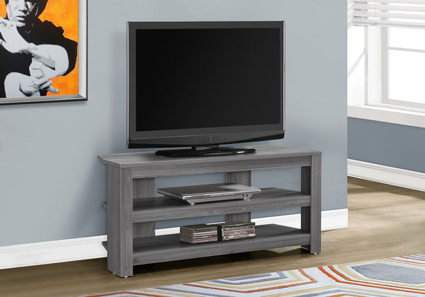 English Elm Tv 42 Inch Console TV Stand with Center Pedestal, Grey Laminate Media Cabinet, Open Shelves, Contemporary Storage-Friendly Design B2710P219074