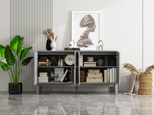 English Elm 4 Door Sideboard Buffet with Hand Carved Geometric Panels Black Oak Finish Raised Legs W688P359831