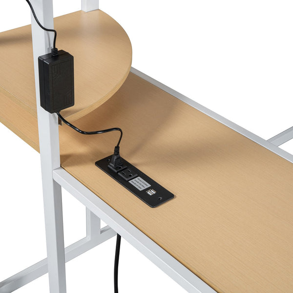 English Elm Twin Loft Bed with Built-In Desk, LED Light Strip, Power Outlet & Fabric Wardrobe for Small Rooms White SF000178AAK