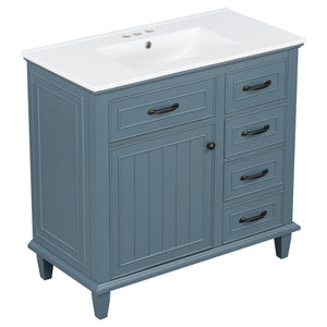 English Elm 36 Inch Bathroom Vanity With Ceramic Sink, Adjustable Shelf, Stylish Storage, Modern Blue Finish N725P336554C