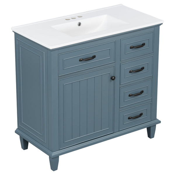 English Elm 36 Inch Bathroom Vanity With Ceramic Sink, Adjustable Shelf, Stylish Storage, Modern Blue Finish N725P336554C