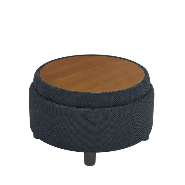 English Elm 25 Inch Round Fabric Pouf Ottoman with Removable Wooden Lid and Hidden Interior Storage Black W5568P461346