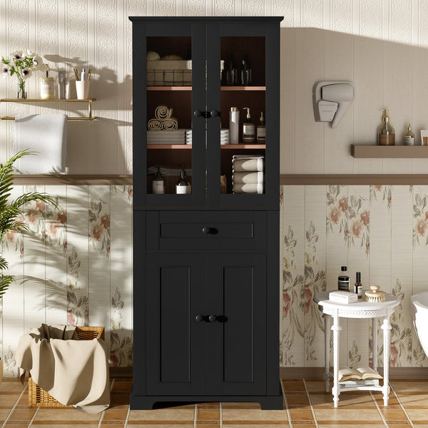 English Elm 67.2" Tall Bathroom Storage Cabinet with Tempered Glass Doors, Adjustable Shelves, Soft-Close Hinges and Anti-Tip Safety Black N729P310006B