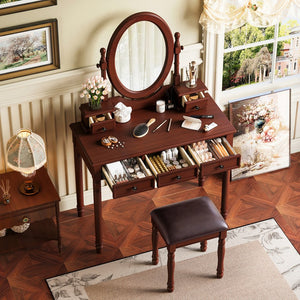 English Elm Vanity Vintage Wooden Makeup Desk with 180° Adjustable Mirror, 5 Velvet‑Lined Drawers & Cushioned Stool Walnut 52.7 L x 22.5 W x 11 H N733P305139D
