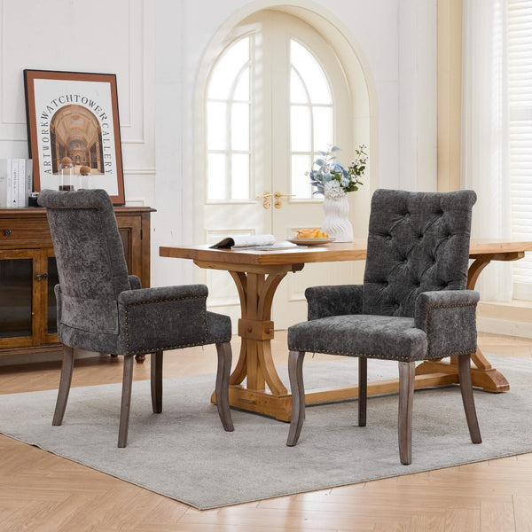 English Elm Upholstered Chenille Club Dining Chair Tufted High Back with Curved Solid Wood Legs Gray W1143P449348