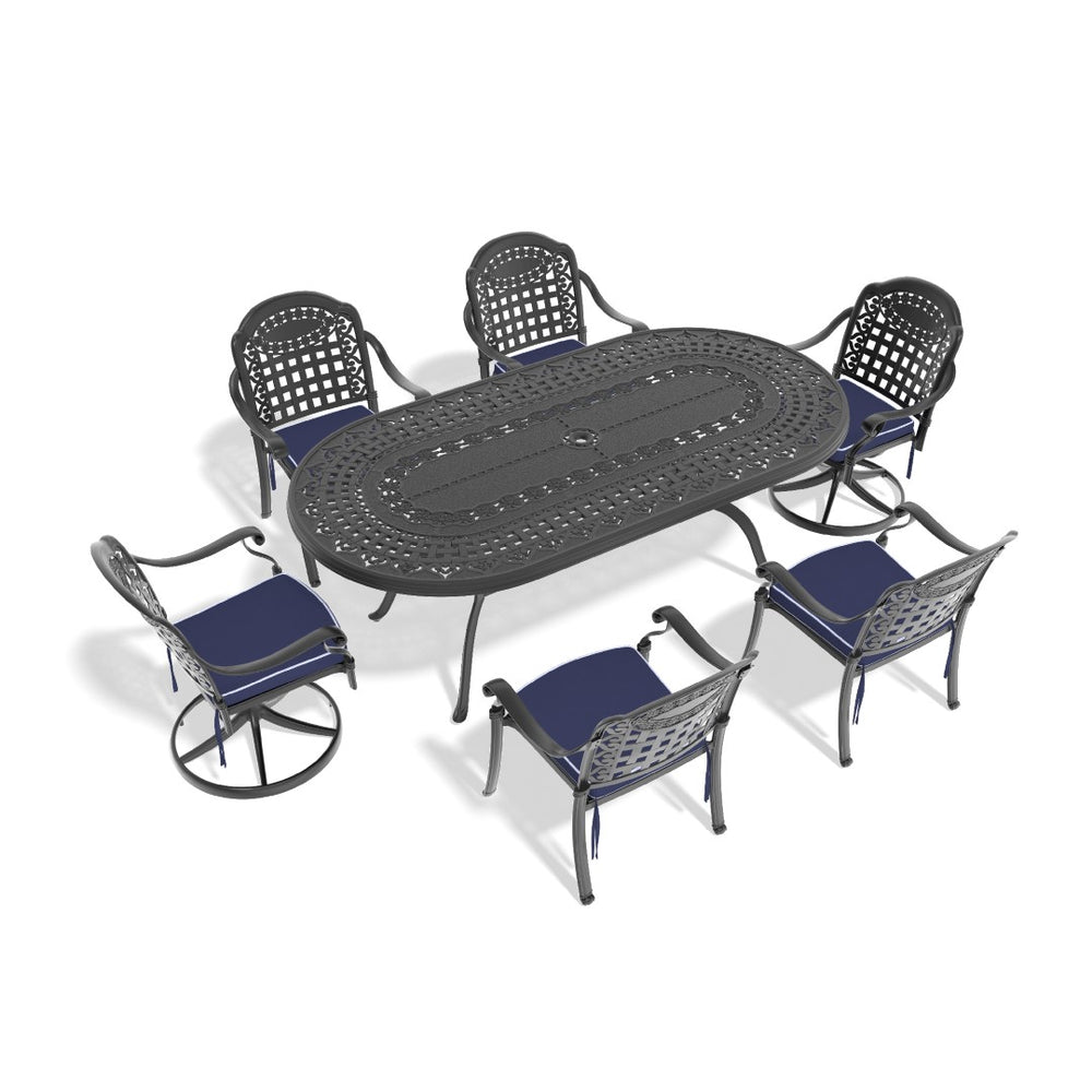 English Elm 7-piece Cast Aluminum Outdoor Dining Set with Ornate Relief Carved Chairs and Oval Table W1710S00599