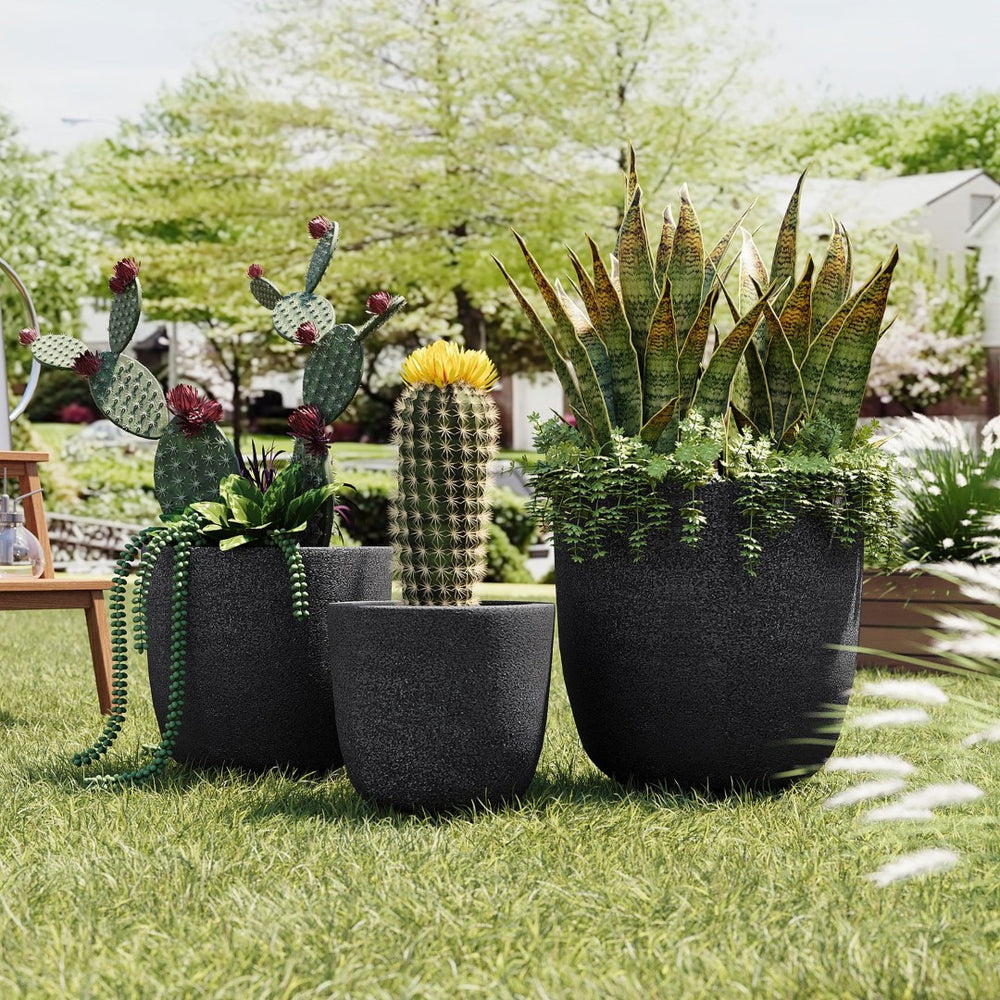 English Elm U_style Mgo Round Planters Set of Three Crackle Stone Texture Patio Garden Pots N711P406670B