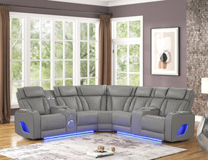 English Elm Fortuner Modern power recliner sectional with massage, Bluetooth speakers, LED lighting, USB charging, storage Gray B009S01797