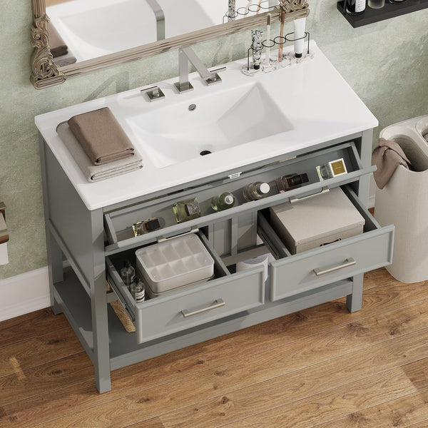 English Elm Christopher Knight Home® - 36" Modern Bathroom Vanity with Ceramic Sink, Tip-Out Tray, Soft-Close Drawers, Open Shelf, Waterproof Surface Gray N817P288908G