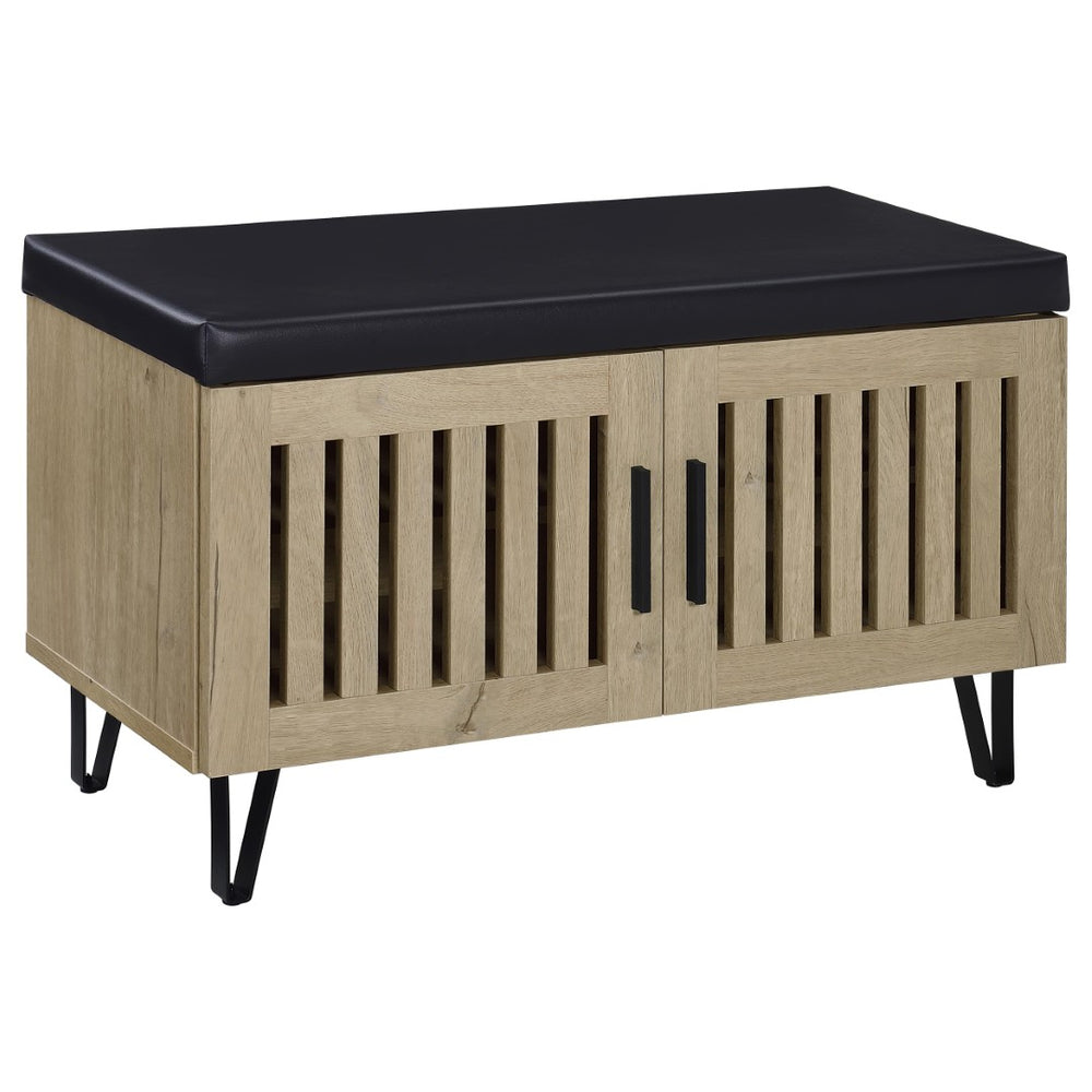 English Elm Astor Smoked Finish Entryway Bench with Drawer Open Shelving and Faux Leather Seat White Oak B062P440403