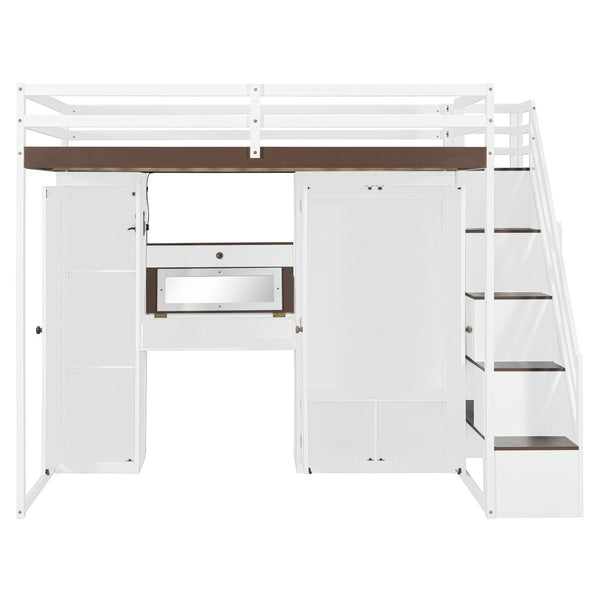 English Elm Full Size Teen Loft Bed with Wardrobe Staircase Storage Dressing Table and Led Lights LT000276AAP