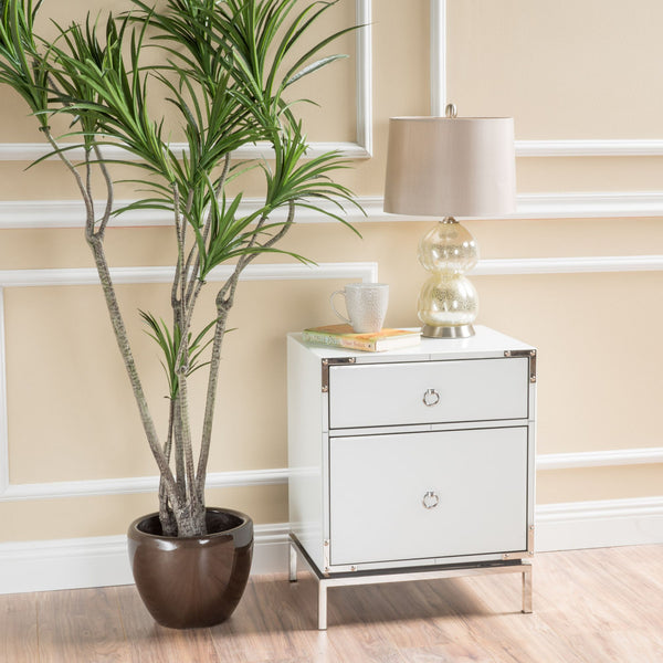 English Elm Christopher Knight Home® - Modern White End Table Nightstand with 2 Drawers, Mirrored Silver Trim & Legs, Compact Glass Bedside 65936.00