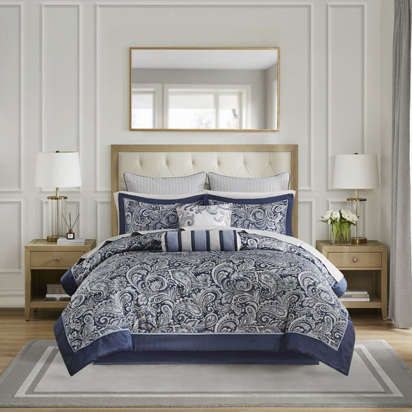JLA Home Madison Park - 12 Piece Comforter Set with Jacquard Paisley Texture, Reversible Comforter & 100% Cotton Sheets, Elegant Retreat Navy MP10-4696