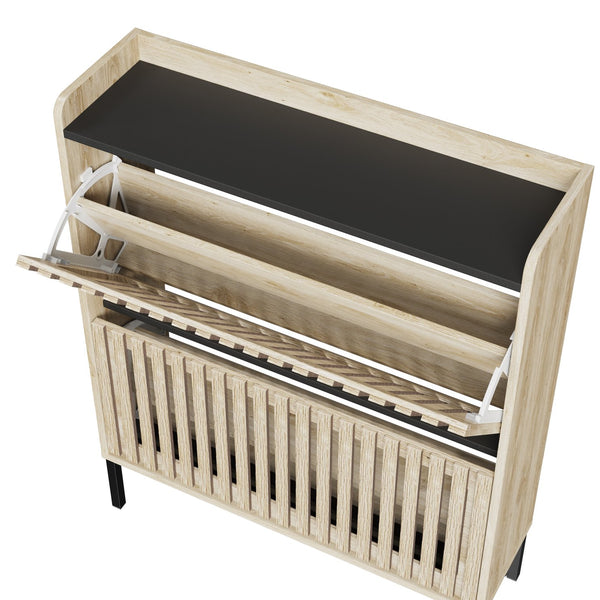 English Elm Fluted,2 Teak & Black Flip Shoe Cabinet with Fenced-Element Doors, Compact Multi-Layer Entryway Storage Solution W2673P209455