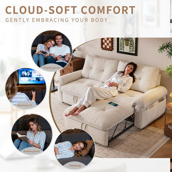 English Elm It 77-inch convertible velvet sofa bed, 2-in-1 loveseat to guest bed with steel frame, high-resilience foam comfort Beige W3820S00014