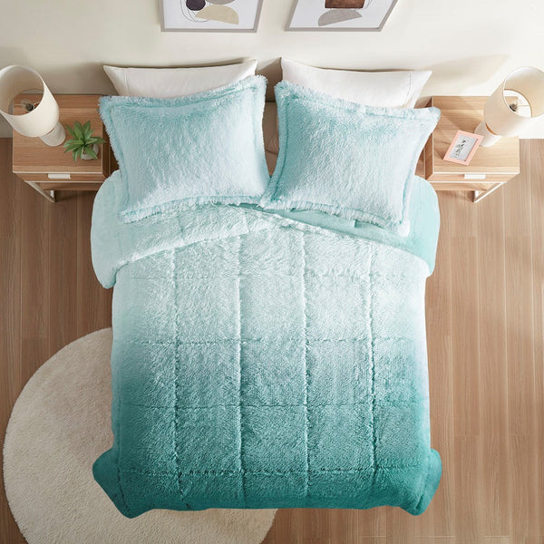 English Elm King/Cal King Brielle Ombre Shaggy Faux Fur Comforter Mini Set - Plush Hypoallergenic Cozy Warmth Aqua 15.75 L x 11.81 W x 11.81 H B03595986