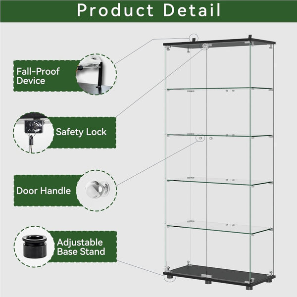 English Elm Glass Display Cabinet Five Tempered Shelves Lockable Doors Matte Black Living Room W3190S00002