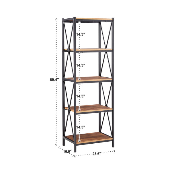 Eulia Four Tier Open Bookcase Black Metal Frame Warm Brown Shelves