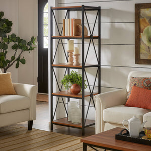 Eulia Four Tier Open Bookcase Black Metal Frame Warm Brown Shelves