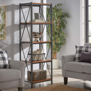 Eulia Four Tier Open Bookcase Black Metal Frame Warm Brown Shelves